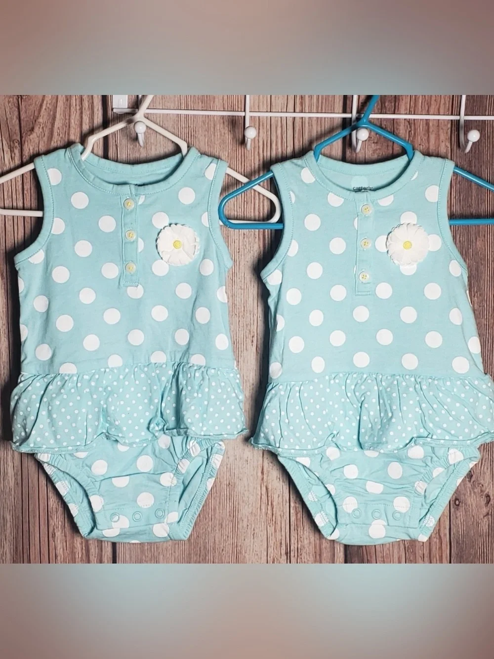 (0030) *TWINS* Girls: 6M Carters Polka Dot Sleeveless Onesies- K2